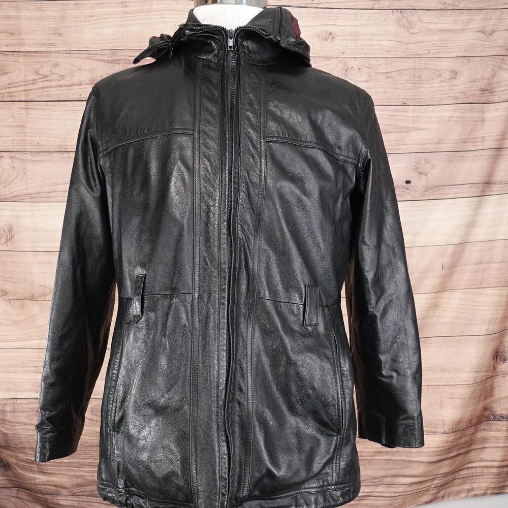 Wilsons Leather Jacket Mens Large‎ Black Hooded Thinsulate 3M Zip Parka **READ